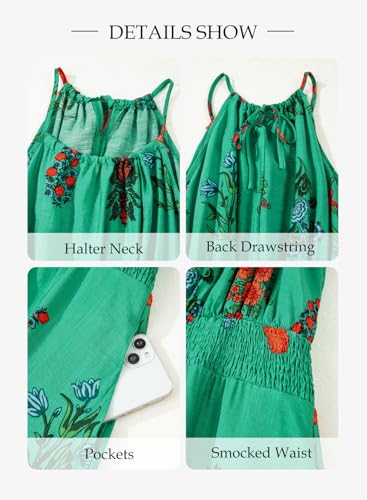 Image of BLENCOT Womens Summer Beach Halter Neck Dresses Casual Smocked A Line Floral Mini Dress with Pockets