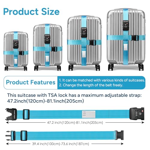 Travel Inspira Luggage Straps TSA Approved with TSA Lock Adjustable Luggage Straps Combination Lock for Suitcase Nylon Suitcase Travel Belt‎ TSA Approved Buckle Included Tags identifiers (Blue)4