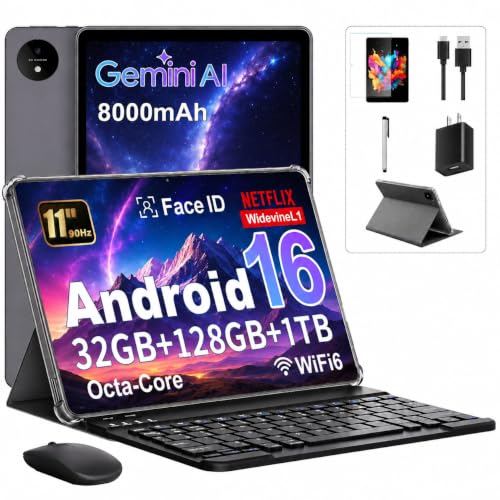 Image of Android 16 Tablet 11 Inch with Gemini AI, 90Hz FHD Display, T7250 Octa-Core, 32GB RAM 128GB ROM / 1TB TF, 16MP+8MP Cameras, 8000mAh, GMS, Widevine L1, 2-in-1 Tablet with Keyboard, Mouse Stylus