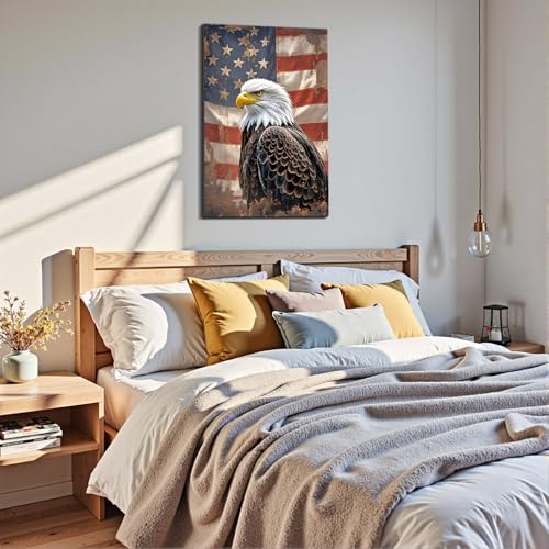 Image of Framed Vintage Bald Eagle American Flag Wall Art, Patriotic Rustic Canvas Art Pictures, USA Eagle Wall Decor, Made in USA Ready to Hang for Office Man Cave