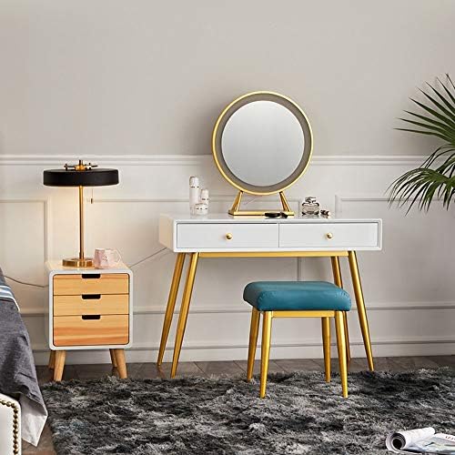 Dressing table Vanity Table Set For Girls With Round Mirror And Cushioned Stool, Makeup Dressing Table With 2 Drawers Ideal Gift For Your Wife Daughter Makeup Table and Cushioned Stool Set for Women G