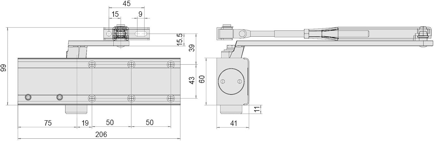Dimensional drawing of the Cisa door closer with measurements in millimeters