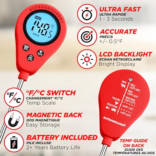 Alpha Grillers Thermomètre de nourriture instantanée pour la viande et la cuisine Sourdough Pain Fournitures de cuisson Cadeaux de grillage pour hommes Femmes Cadeaux pour maman Seniors, Long Probe Grand Affichage rétroéclairé
