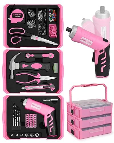 KingTool 350 Piece Tool Set - Pink Tool Kit with 3.6V Power Drill Cordless Screwdriver, Pink Tool Set Perfect for DIY Projects and Home Repairs, Home Tool Kit for Women