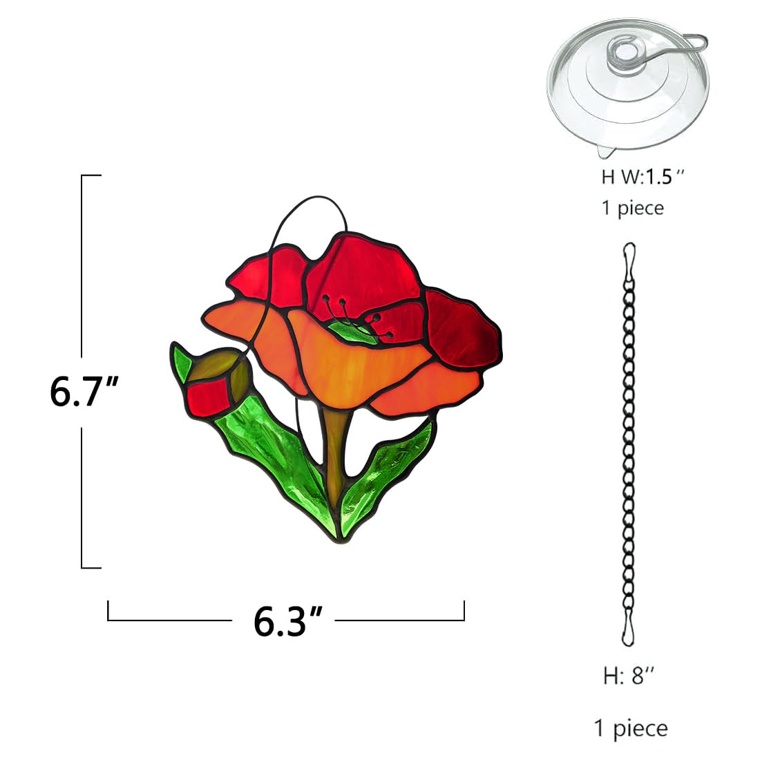 BOXCASA Vidriera de amapola roja para colgar, decoración de flores de amapola para ventana, adorno de Navidad, regalos temáticos de flores de amapola roja para mujeres amantes de las flores de amapola