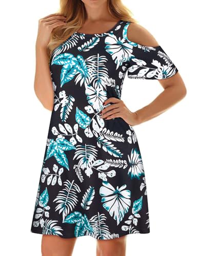 Image of Misyula Style Womens Summer Cold Shoulder Floral Flowy T-Shirt Dress with Pockets