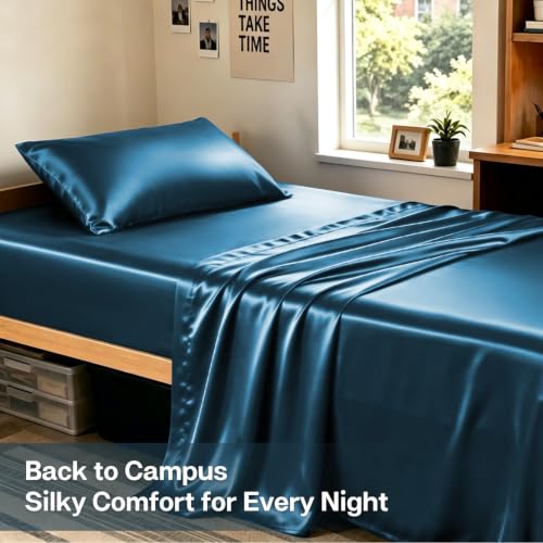 Image of MR&HM Satin Bed Sheets, Twin XL Size Sheets Set, 3 Pcs Silky Bedding Set with 15 Inches Deep Pocket for Mattress (Twin XL, Teal)