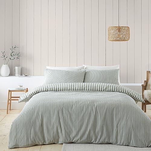 Catherine Lansfield Brushed Cotton Stripe Reversible King Duvet Cover Set with Pillowcases Green - Image 2