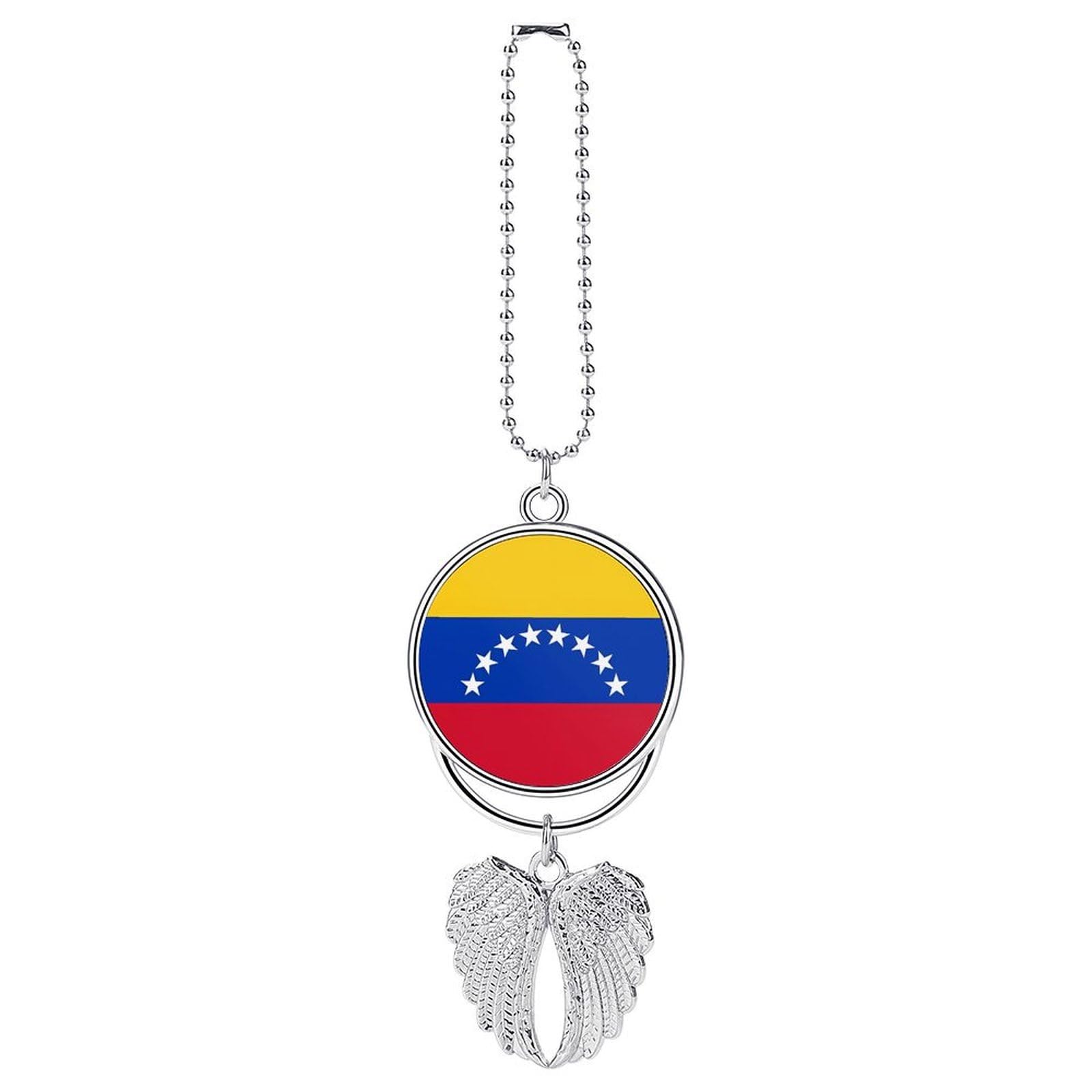 Flag of Venezuela Guardian Angel Wing Car Ornament for Mirror, Zinc Alloy Hanging Charm with Spiritual Design for Protection, Rearview Mirror Accessory Decor Gift for Women Men(Silver)