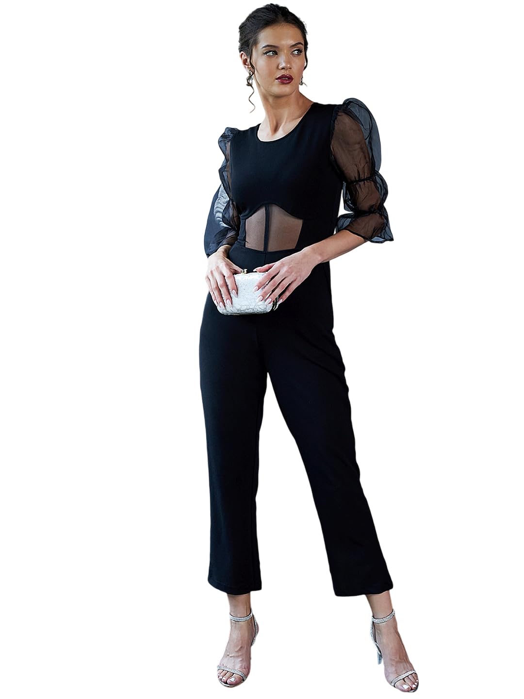 Regular Fit Ruffles Polyester Round Neck Three-Quarter Sleeves Solid Party Jumpsuit-image-28