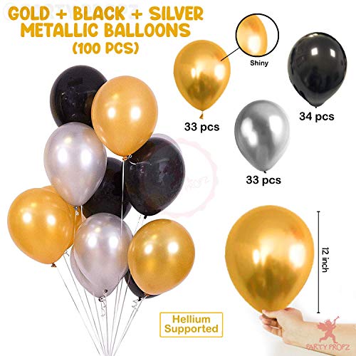 Image of Party Propz Black Balloons for Decoration - Set of 100 Pcs Golden Balloons for Decoration | Black And Golden Balloons, Silver Balloons | golden and Silver Metallic Balloons (Latex)