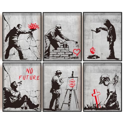 Banksy: Lot de 6 impressions d'art sur toile - Art mural - Graffiti - Poster inspirant - Décoration de rue pour salon ou chambre