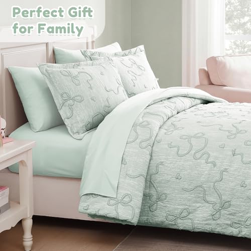 Image of Queen Comforter Set - 7 Pieces Bow Jacquard Bed in a Bag Girls Bedding Set | Cottage Core Bedding Sets, All Season Bed set with Comforter, Sheets, Pillowcases & Shams, Light Green