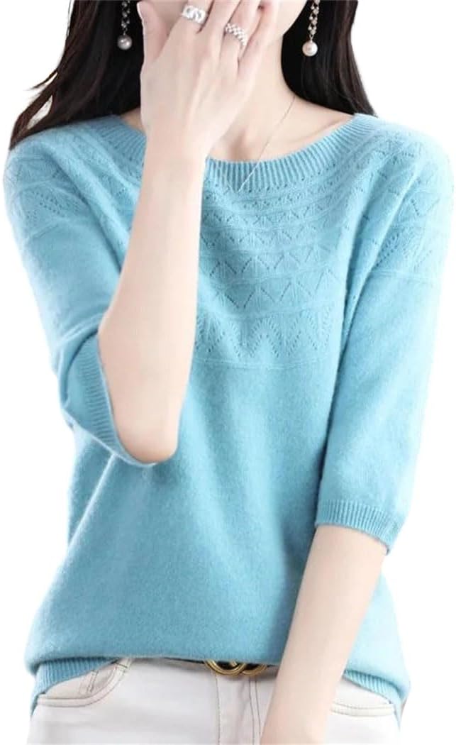 Women's Short Sleeve Crewneck Sweater Hollow Knit Wool Pullover Top for Spring Summer