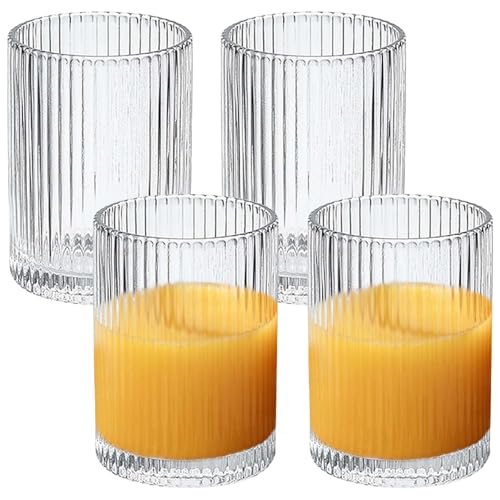 Lot de 4 verres cannelés de 250 ml, verres à cocktail et verres à boire, en cristal, passent au lave-vaisselle, verres striés pour café glacé, bière,...