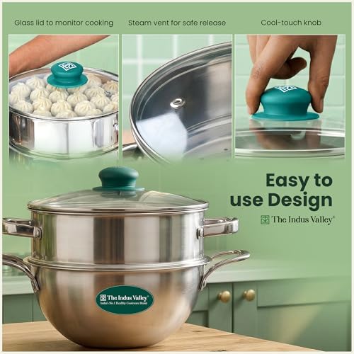 Image of The Indus Valley Triply Stainless Steel Cookware Set of 3 | 20cm Triply Deep Kadai (2.2L) and Stainess Steel Steamer with Common Glass Lid | Induction Base | Multipurpose Cooking - Steam, Fry, Boil & Cook | Perfect for Momos, Dum & Curries