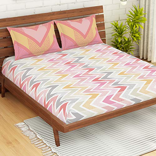 Image of Spaces Atrium 100% Cotton King Size Fitted Double Bedsheet with 2 Pillow Covers - Coral(1.83m&1.98m&(0.3m Drop))