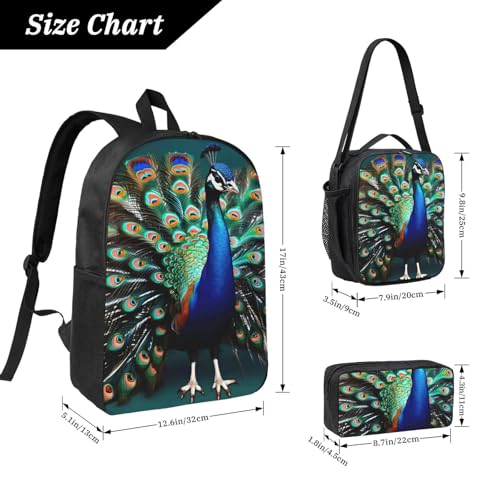 Beautiful peacock print Shoulder Bookbags Lunch Bag and Pen Case 17 inches Backpack with Lunch Box, Cute Bookbag Set4