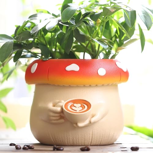 AmiCera Linda taza de café maceta con diseño de hongos, maceta colorida para plantas de interior, maceta única con drenaje, macetas decorativas, regalos divertidos y versátiles de jardín