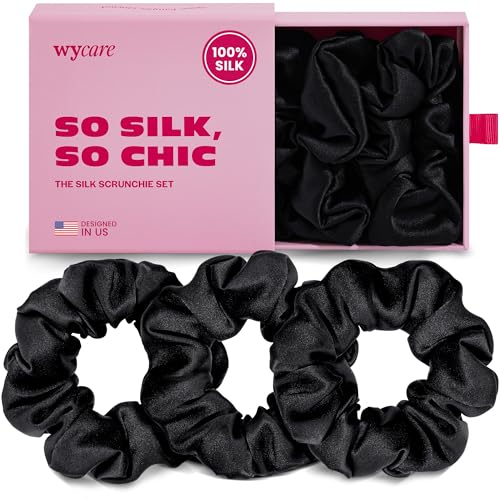 Wycare 100% Silk Scrunchies - Gentle on Hair Mulberry Silk Scrunchies for Women - Luxurious Sleep Ties for Women's Curly Hair (Set of 3 Black)