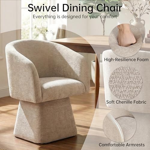 Image of VKNOW Upholstered Swivel Dining Chairs Set of 4 with Barrel Back and Arm | Modern Accent Arm Chair with Thickened Cushion, Soft Chenille Fabric, for Dining Room, Living Room, Vanity, Khaki