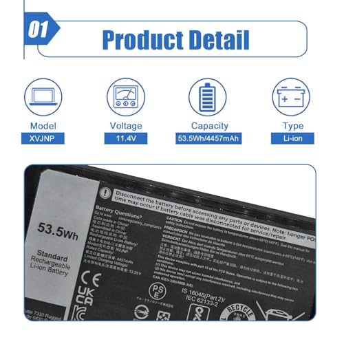 Image of 53.5Wh XVJNP Laptop Battery Replacement for Dell Latitude 5430 Rugged Extreme Latitude 7330 Rugged Extreme P148G P149G P148G001 P149G001 Series 451-BCWQ 6JRCP M0TN3 06JRCP 0M0TN3 KD1CT 11.4V 4457mAh