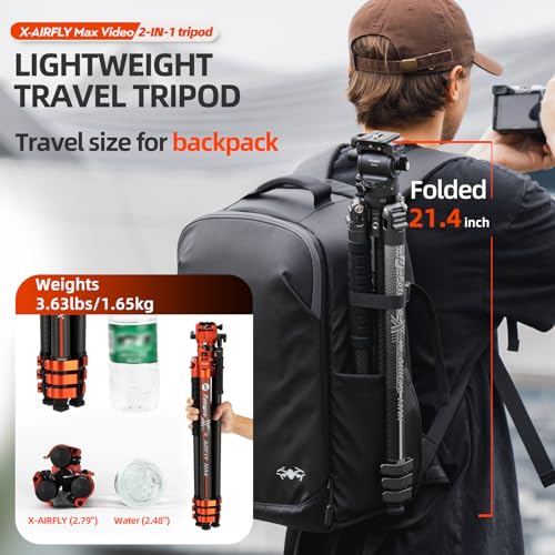 Image of Fotopro 67.3 inch Carbon Fiber Travel Tripod, Professional Heavy Duty Video Tripod with Hydraulic Spherical Pan-Tilt Flip Lock Max Load 22lbs, wih Monopod Phone Clip, X-AIRFLY Max Video Orange