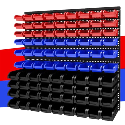 Nnovaroom 90Pcs Wall Mounted Storage Organizer Bins with Rack, Nuts, Bolts, and Hardware for Screws, Nails, Beads,Small Parts (Red, Blue, Black) - Shop,Garage Tool Storage Solution