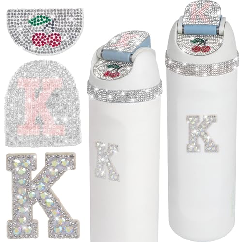 JUNIQUTE 4 PCS Use for Owala Water Bottle 16oz 24oz 32oz 40oz Accessories,Juni QUTE, Bling Rhinestone Letter Charms and Stickers Cherry Designs for Owala (K)