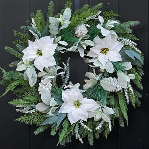 Winter Wreaths for Front Door Outside, Soomeir Winter Door Wreath with Pine Cones and White Flowers, for All Year Round Spring Summer Indoor Outdoor Decor Cover