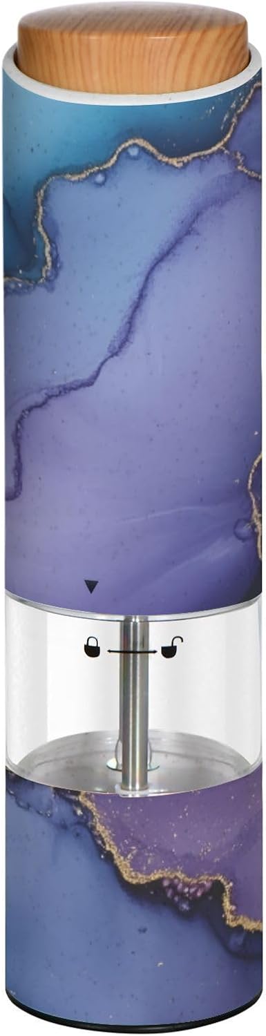 ALAZA Electric Pepper Grinder with Adjustable Coarseness, Purple Blue Gold Wild Marble Ombre Battery Automatic Salt and Pepper Mill with Led, One-Handed Operation Spice Grinder for Kitchen, Camping &