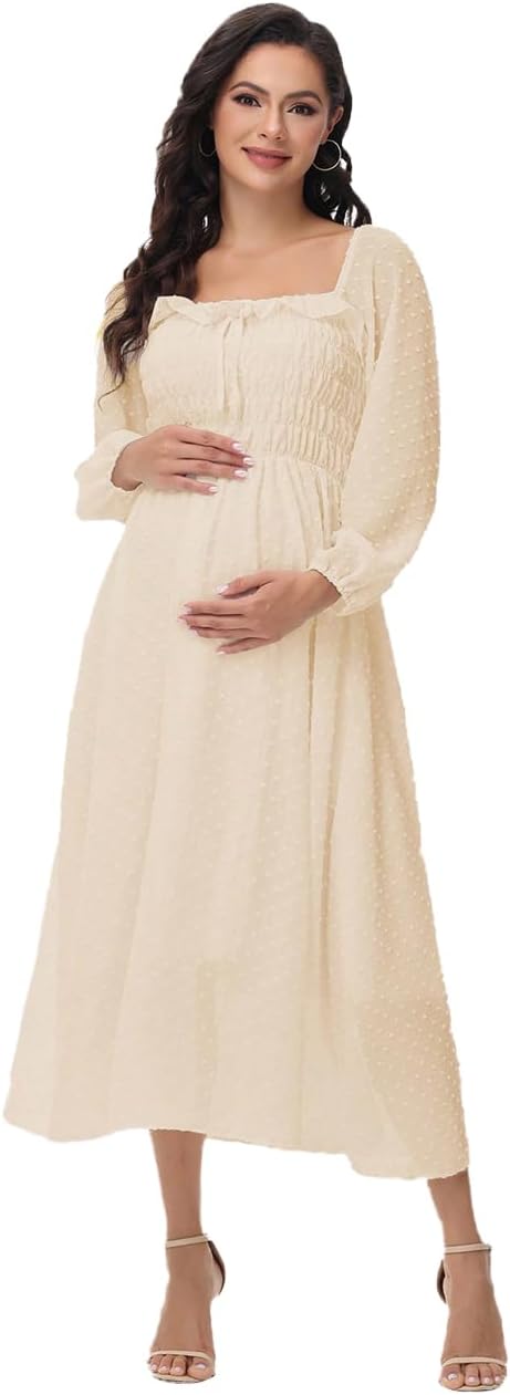 JustVH Women's Maternity Boho Flowy Long Sleeve Smocked Square Neck Swiss Dot Tiered Party Long Dress for Baby Shower