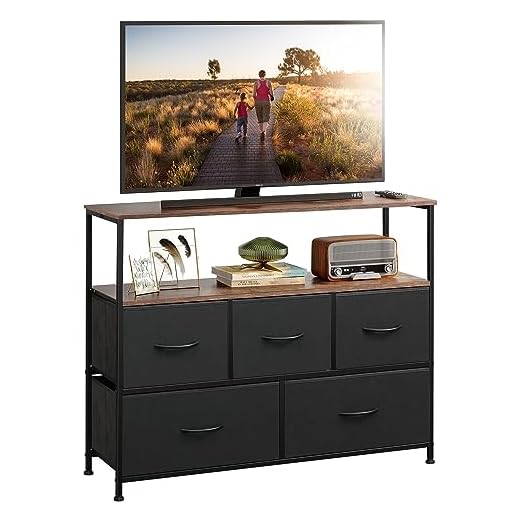 WLIVE Dresser TV Stand, Entertainment Center with Fabric Drawers, Media Console Table with Open Shelves for TV up to 45 inch, Storage Drawer Unit for Bedroom, Living Room, Black and Rustic Brown