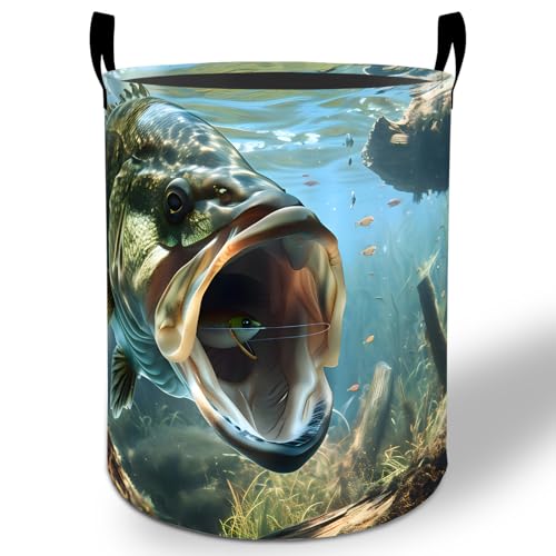 Fishing Laundry Basket Hamper 19.7"x15.8", Bass Foldable Waterproof Oxford Clothes Storage Bucket for Room Bathroom Bedroom Nursery Decor, Toy Organizer Bins Gifts for Kids Boys Girls