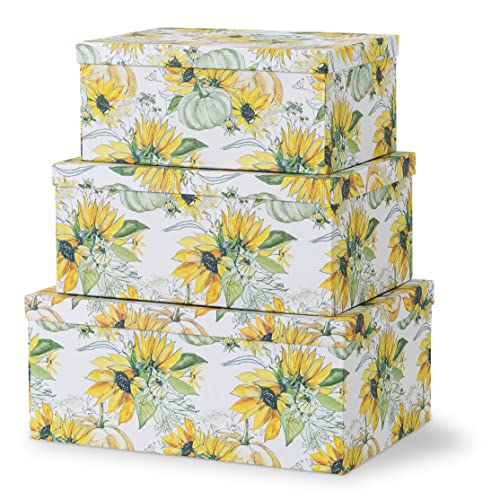 Soul & Lane Decorative Storage Cardboard Boxes With Lids | Sunny Days - Set Of 3 | Yellow Floral Paperboard Nesting Boxes With Sunflowers And Pumpkins #TOP28