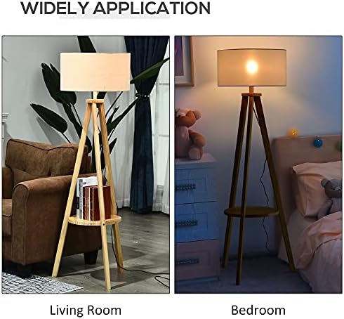 HOMCOM Free Standing Tripod Floor Lamp Bedside Light Reading Light with Storage Shelf Linen Shade for Living Room Bedroom, 154cm, Cream