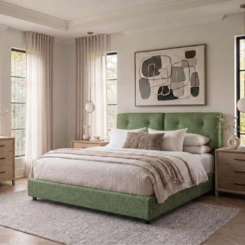 IMMERSTABLE Bed Frame Queen Size, Boucle Upholstered Bed Frame with Headboard, Removable and Washable, No Box Spring Needed, Wood Slat Support, Easy Assembly, Green