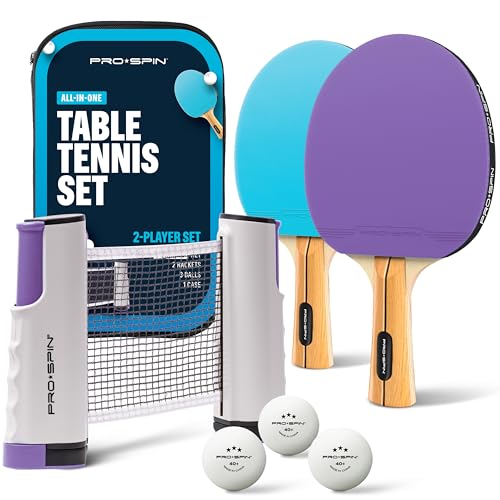 PRO-SPIN Set de Ping Pong Portátil - Kit Premium con Red Retráctil para Cualquier Mesa, Palas, Pelotas de Ping Pong 3 Estrellas y Caja de Almacenamiento, Regalo Ideal (Set de 2 Jugadores, Morado/Azul)