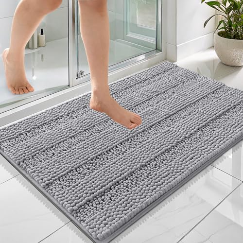 Image of OLANLY Thick Bathroom Rugs 36x24, Extra Soft Absorbent Chenille Striped Bath Rugs, Rubber Backing, Machine Wash Dry, Bath Mats for Bathroom Floor, Tub and Shower, Home Decor Accessories, Grey