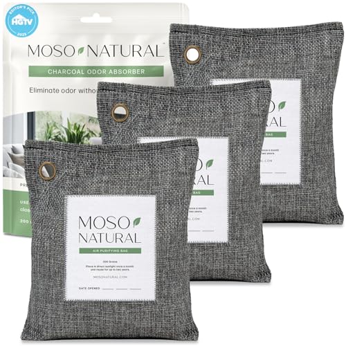 Moso Natural Air Purifying Bag 200g (3 Pack) HGTV Editor's Pick | Premium Bamboo Charcoal Odor Absorber for Home & Car | Closet Odor Eliminator & Car Air Freshener | Long Lasting Charcoal Bags
