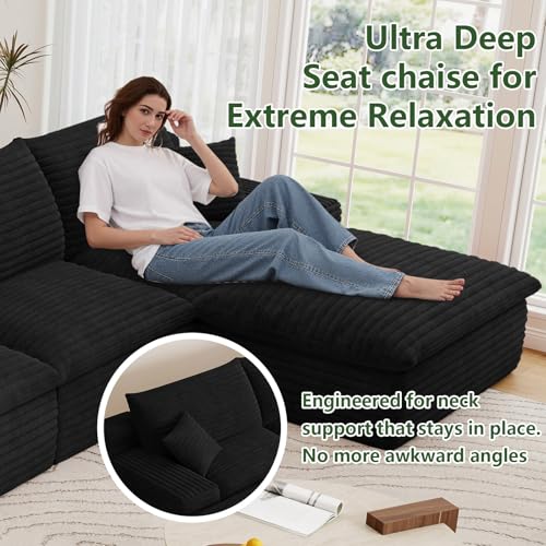Image of 136 inch Cloud Couch Modular Sectional Sofa for Living Room, L-Shape Boneless Couch with Deep Seat, Modern Corduroy 4-Seater with Ottoman, No Assembly Required, Black