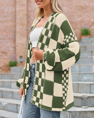 Image of BTFBM Casual Cardigan Sweater for Women Fall 2026 Long Sleeve Open Front Chunky Knit Sweaters Checkered Outwear Coat