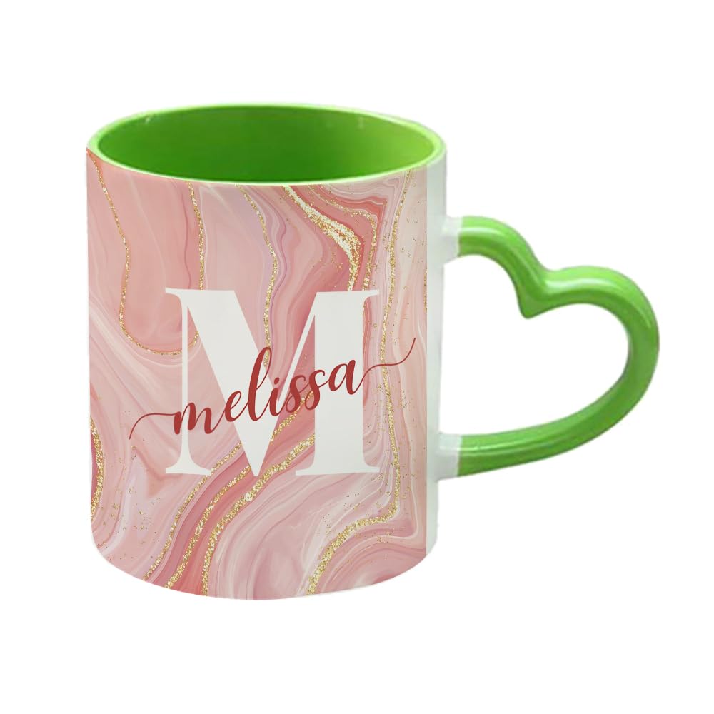 Getagift Personalised Alphabet Mug, Letter Mugs, Initial with Name, Heart Handle Coffee, Tea Mug. (Green)