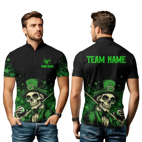 Personalized St Patrick Day Funny Skull Ball Billiards Shirt Men Women Team Polo & 1/4 Zip Shirts Billiard Team