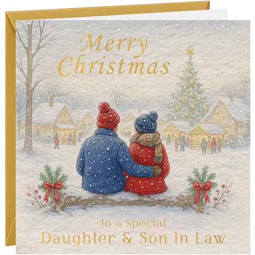 Christmas Card for Daughter and Son In Law | Luxury Xmas Card | 350gsm Hammered Card with Gold Foil and Gold Envelope