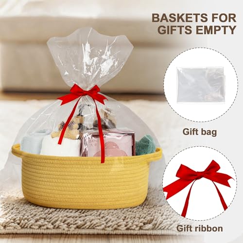 Image of WILLITAT Yellow Basket for Gifts Empty, 13 inchx 9 inchx 5 inch Small Woven Gift Basket with Bag and Ribbon, Cotton Rope Dog Cat Toy Bin Box, Cute Baby Nursery Organizer, Decorative Storage with Handles, Yellow