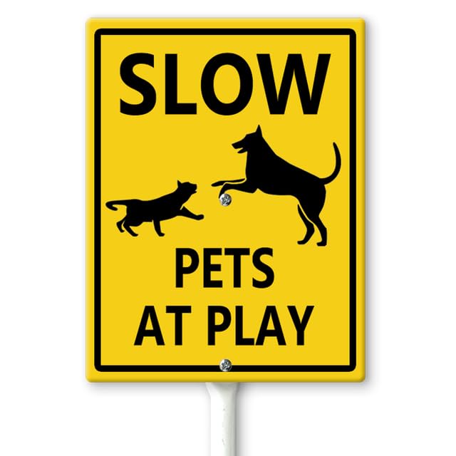 Horienteeon Slow - Pets At Play Yard Sign with Stakes 17.5×22cm, Sturdy Aluminum Lawn Signs Rust Free,Slow Down Signs, Protected Neighborhood Street Caution Yard Signs