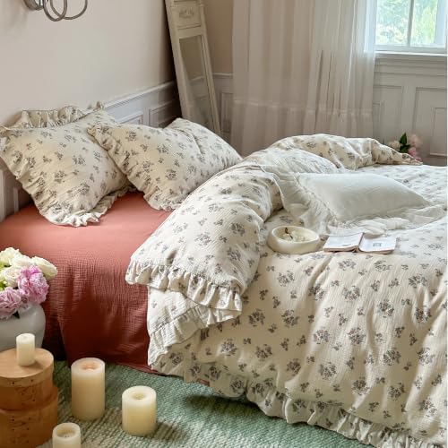Image of BuLuTu Vintage Floral Duvet Cover Twin for Girls, Shabby Chic Quilt Cover Ruffled Kids Bedding, 100% Cotton Muslin, Soft Breathable, 68 inchx86 inch, Zipper Closure, No Pillowcase