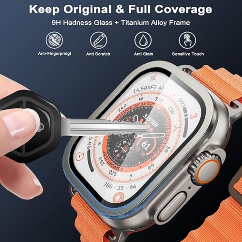 Image of Screen Protector for Apple Watch Ultra 3 / Ultra 2 / Ultra 1 (49mm), 9H Tempered Glass with Titanium Alloy Frame, Touch Sensitive, Lightweight Full Protection, 2 Pack[Titanium]