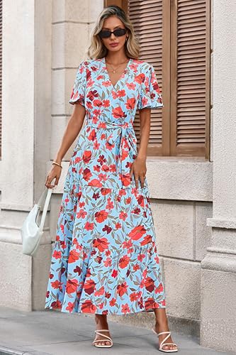 Image of MASCOMODA Women Boho Swiss Dot Maxi Dresses Wrap V Neck Flutter Short Sleeve Solid Tie Waist A Line Tiered Flowy Long Dresses